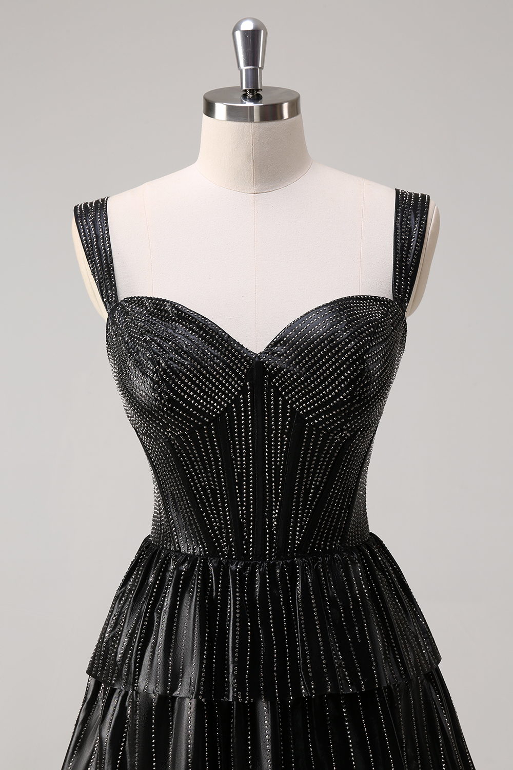Glitter Black Off the Shoulder A-Line Tiered Long Corset Prom Dress with Beading