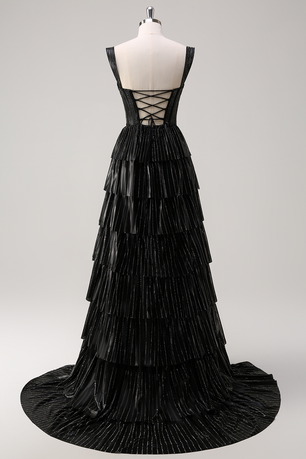 Glitter Black Off the Shoulder A-Line Tiered Long Corset Prom Dress with Beading