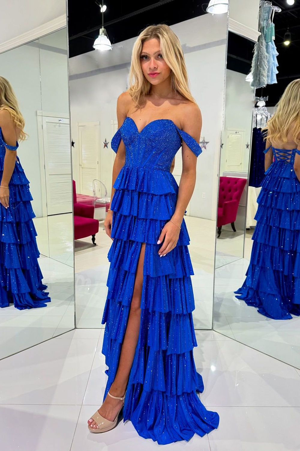 Glitter Royal Blue Off the Shoulder A-Line Tiered Long Corset Prom Dress with Beading