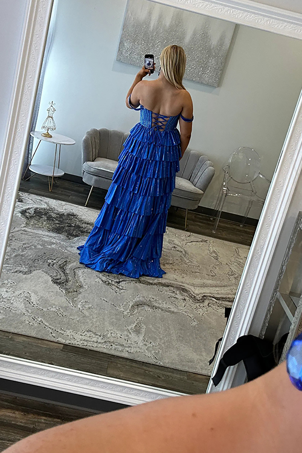 Glitter Royal Blue Off the Shoulder A-Line Tiered Long Corset Prom Dress with Beading