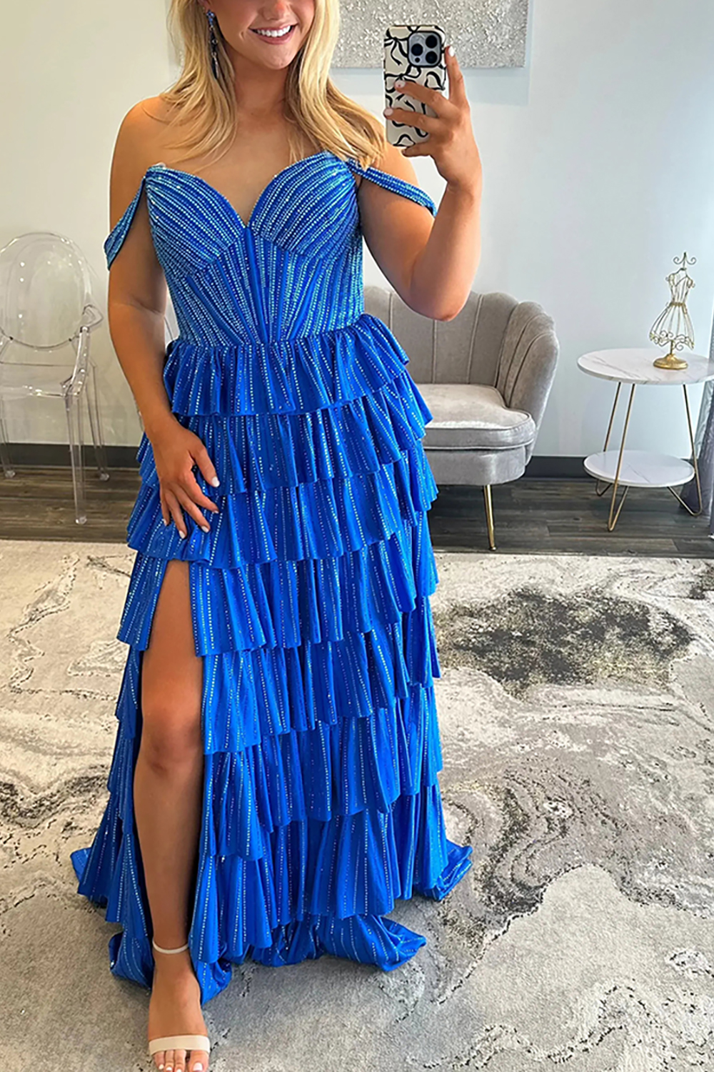 Glitter Royal Blue Off the Shoulder A-Line Tiered Long Corset Prom Dress with Beading