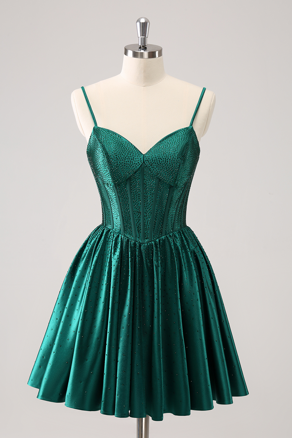 Dark Green Spaghetti Straps A-Line Satin Corset Homecoming Dress with Beading