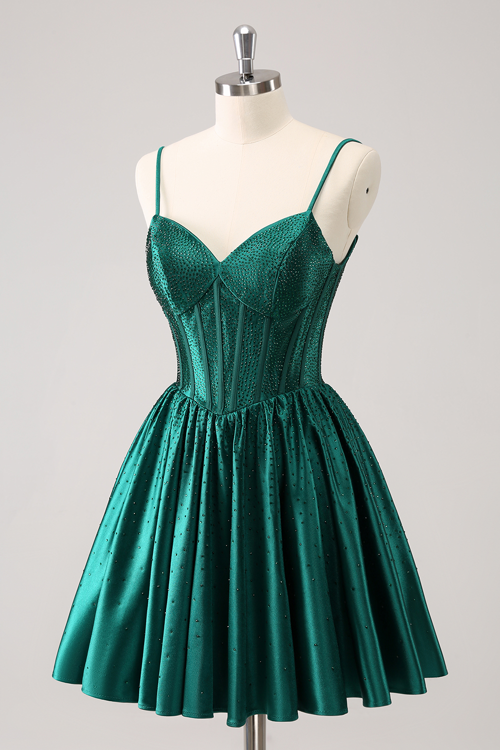 Dark Green Spaghetti Straps A-Line Satin Corset Homecoming Dress with Beading