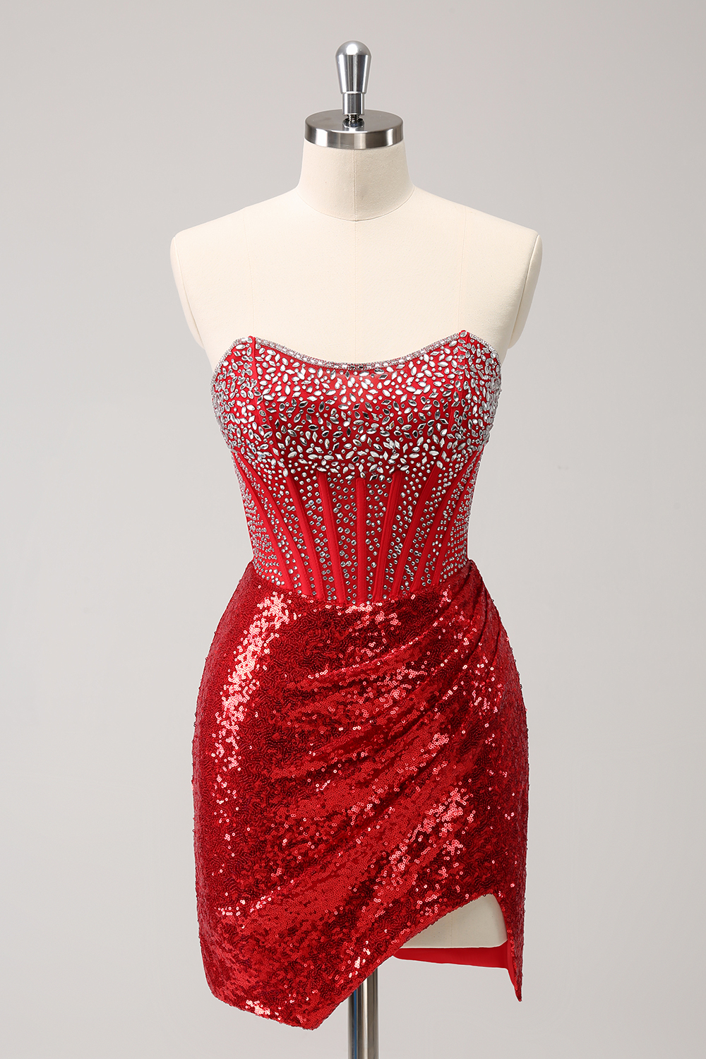 Sparkly Red Strapless Sequins Bodycon Short Corset Homecoming Dress with Beading