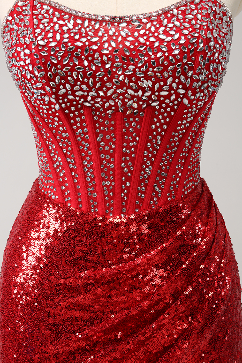 Sparkly Red Strapless Sequins Bodycon Short Corset Homecoming Dress with Beading