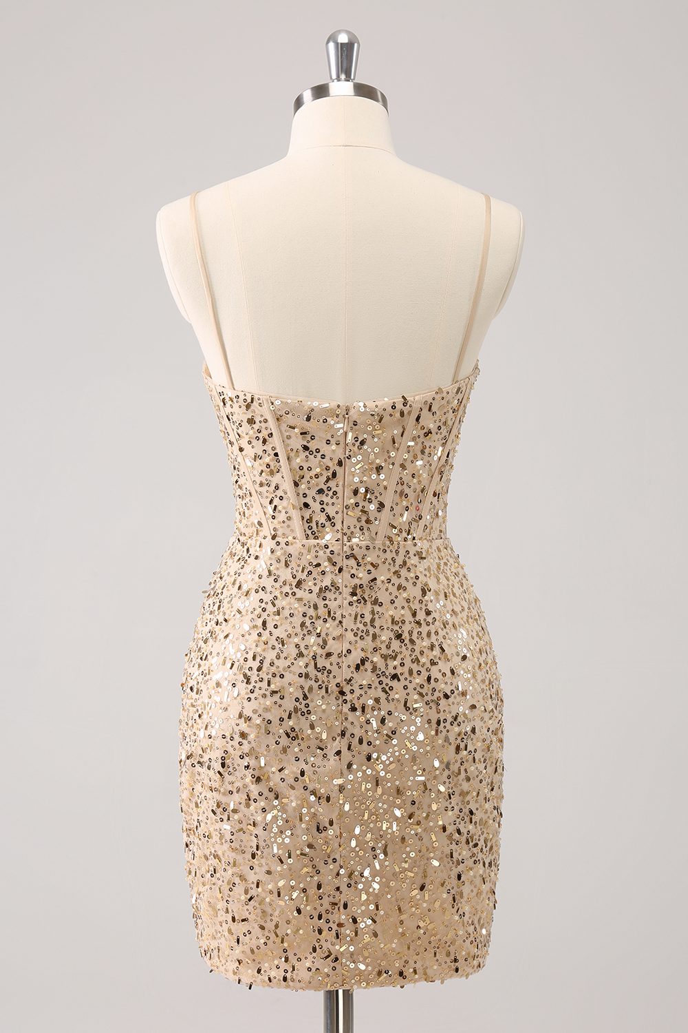 Sparkly Golden Spaghetti Straps Bodycon Sequins Corset Homecoming Dress