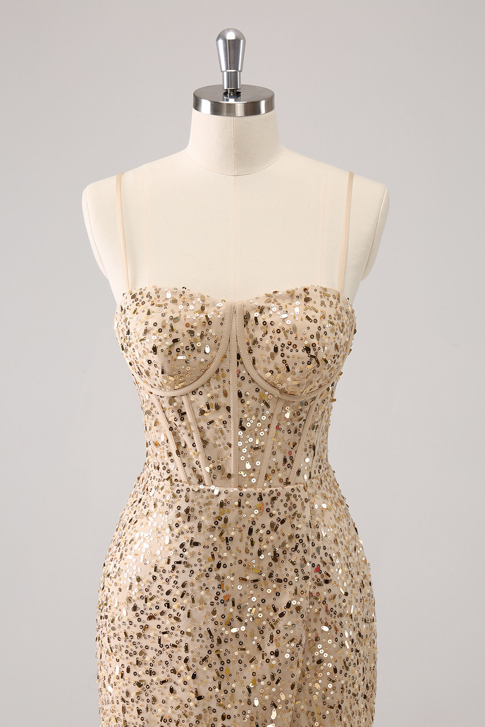 Sparkly Golden Spaghetti Straps Bodycon Sequins Corset Homecoming Dress