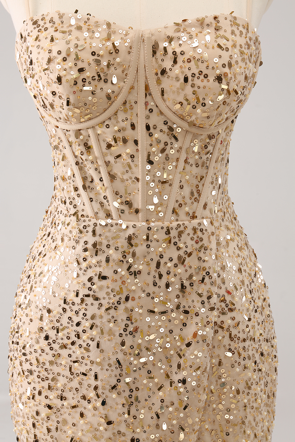 Sparkly Golden Spaghetti Straps Bodycon Sequins Corset Homecoming Dress