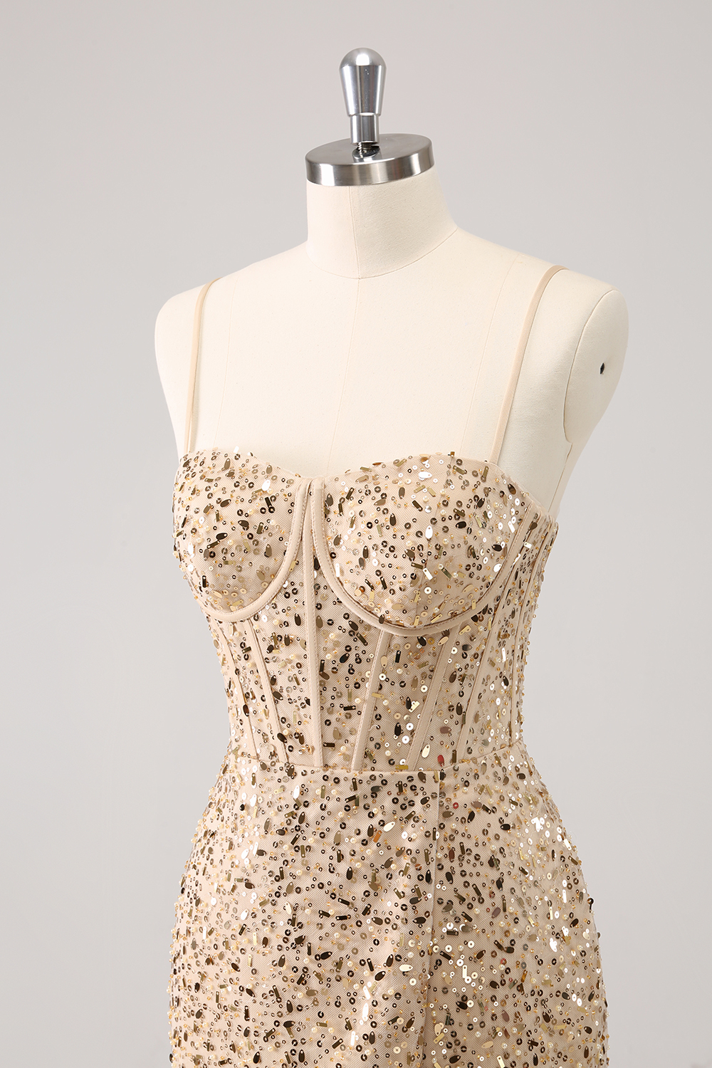 Sparkly Golden Spaghetti Straps Bodycon Sequins Corset Homecoming Dress