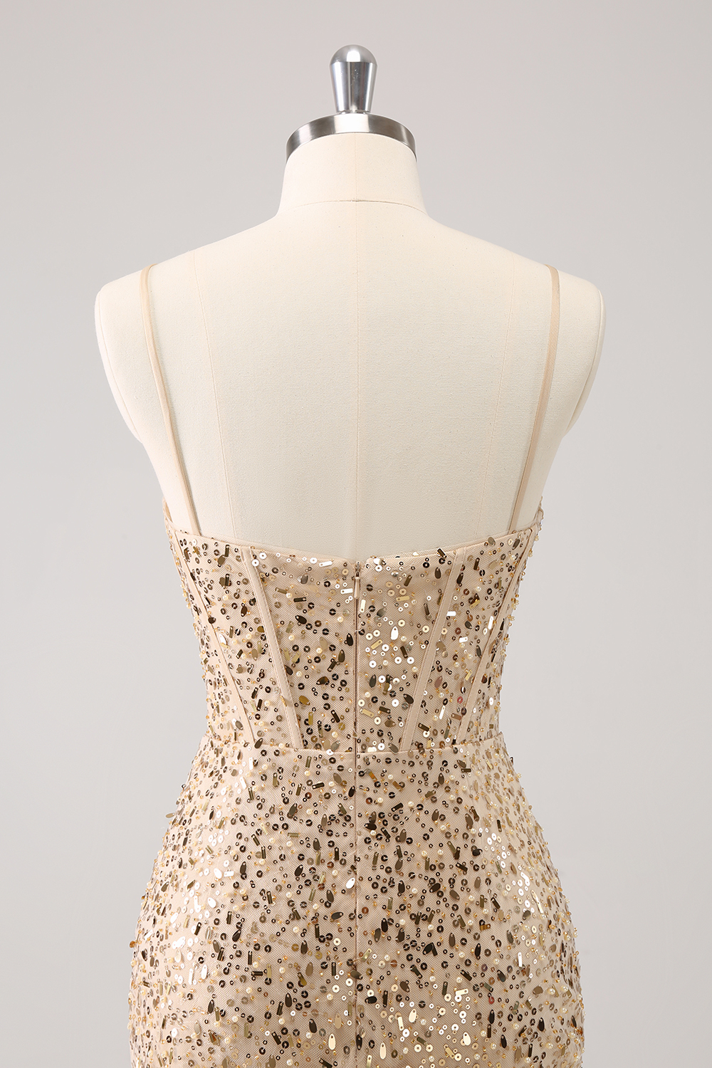 Sparkly Golden Spaghetti Straps Bodycon Sequins Corset Homecoming Dress