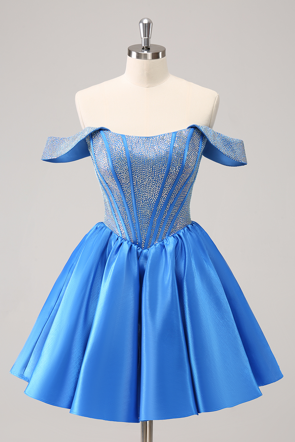 Blue Off the Shoulder A-Line Satin Corset Homecoming Dress with Beading