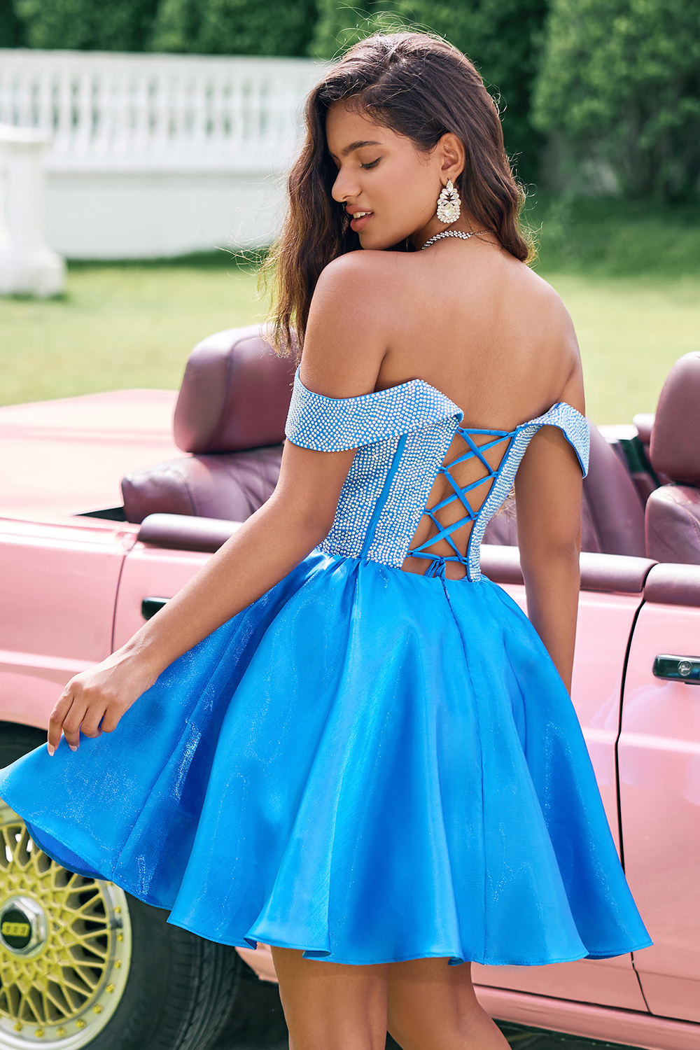 Trendy Blue Off the Shoulder A-Line Satin Corset Homecoming Dress with Beading