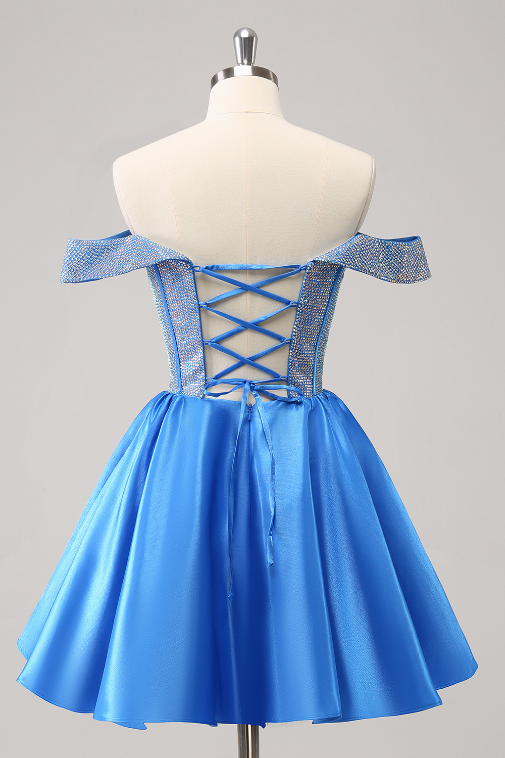 Blue Off the Shoulder A-Line Satin Corset Homecoming Dress with Beading