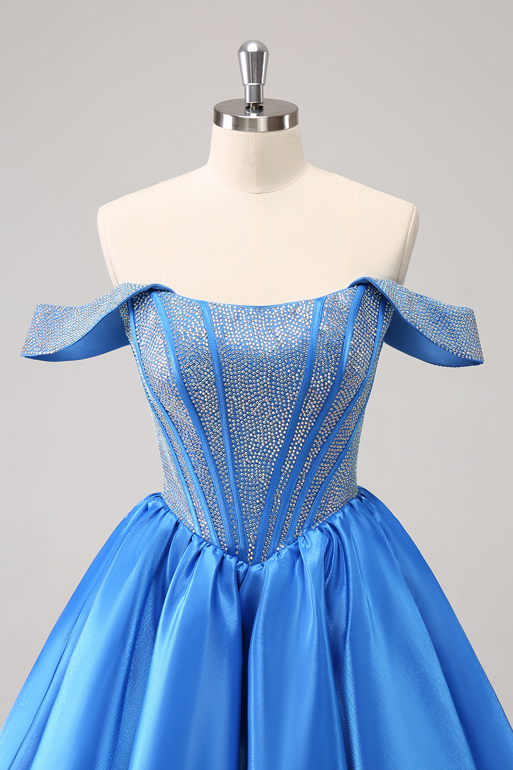 Blue Off the Shoulder A-Line Satin Corset Homecoming Dress with Beading