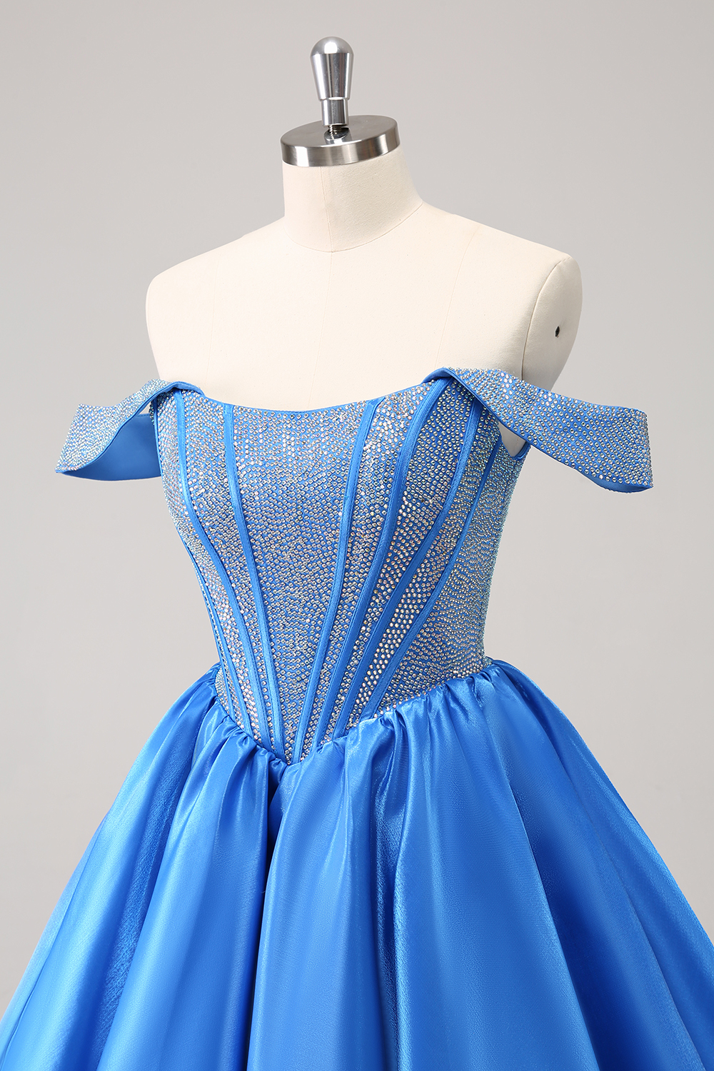 Blue Off the Shoulder A-Line Satin Corset Homecoming Dress with Beading