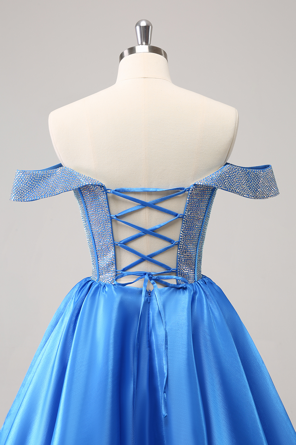 Blue Off the Shoulder A-Line Satin Corset Homecoming Dress with Beading