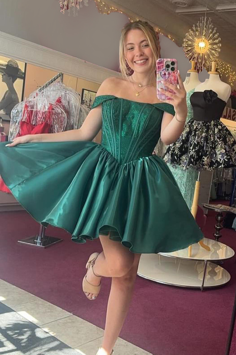 Red Off the Shoulder A-Line Satin Corset Homecoming Dress with Beading