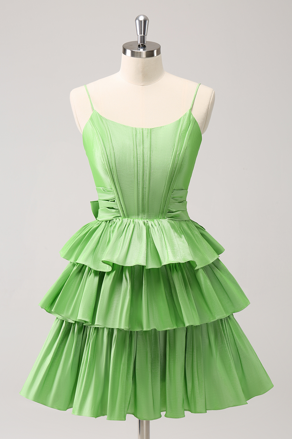 Green Spaghetti Straps Satin A-Line Ruffled Short Corset Homecoming Dress with Bow
