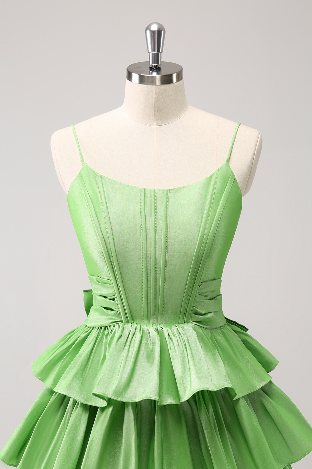 Green Spaghetti Straps Satin A-Line Ruffled Short Corset Homecoming Dress with Bow