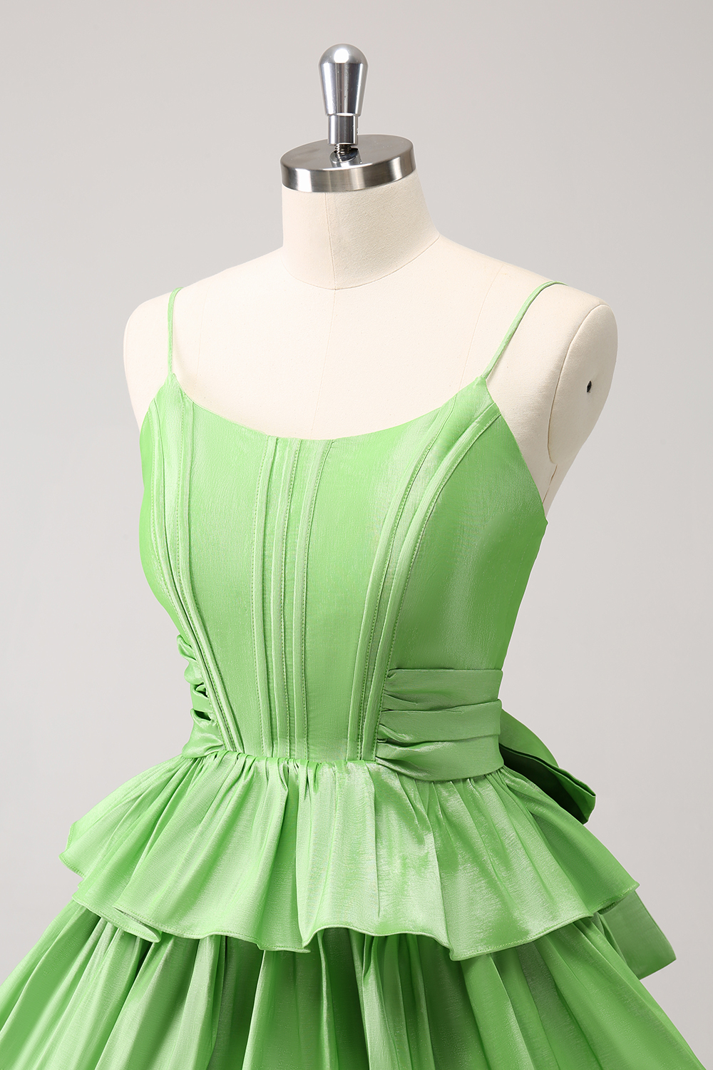Green Spaghetti Straps Satin A-Line Ruffled Short Corset Homecoming Dress with Bow