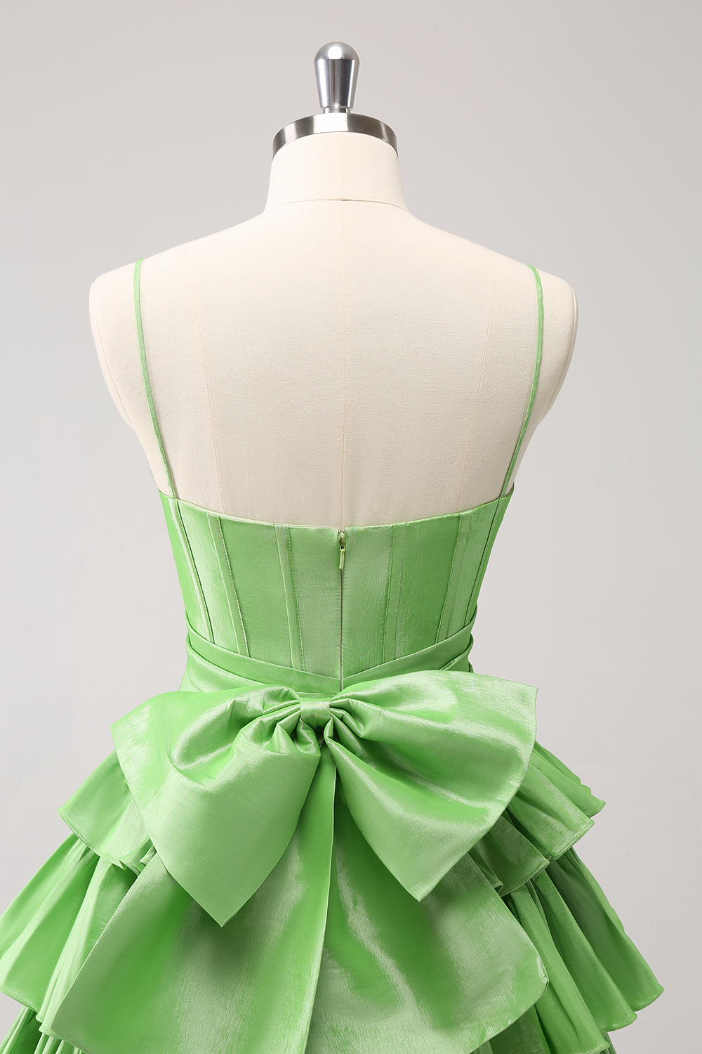 Green Spaghetti Straps Satin A-Line Ruffled Short Corset Homecoming Dress with Bow