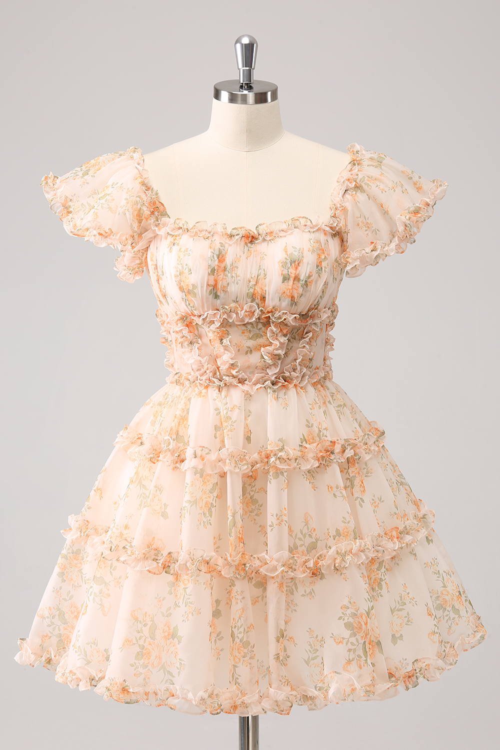 Yellow Flower Printed A-Line Puff Sleeves Homecoming Dress with Ruffles