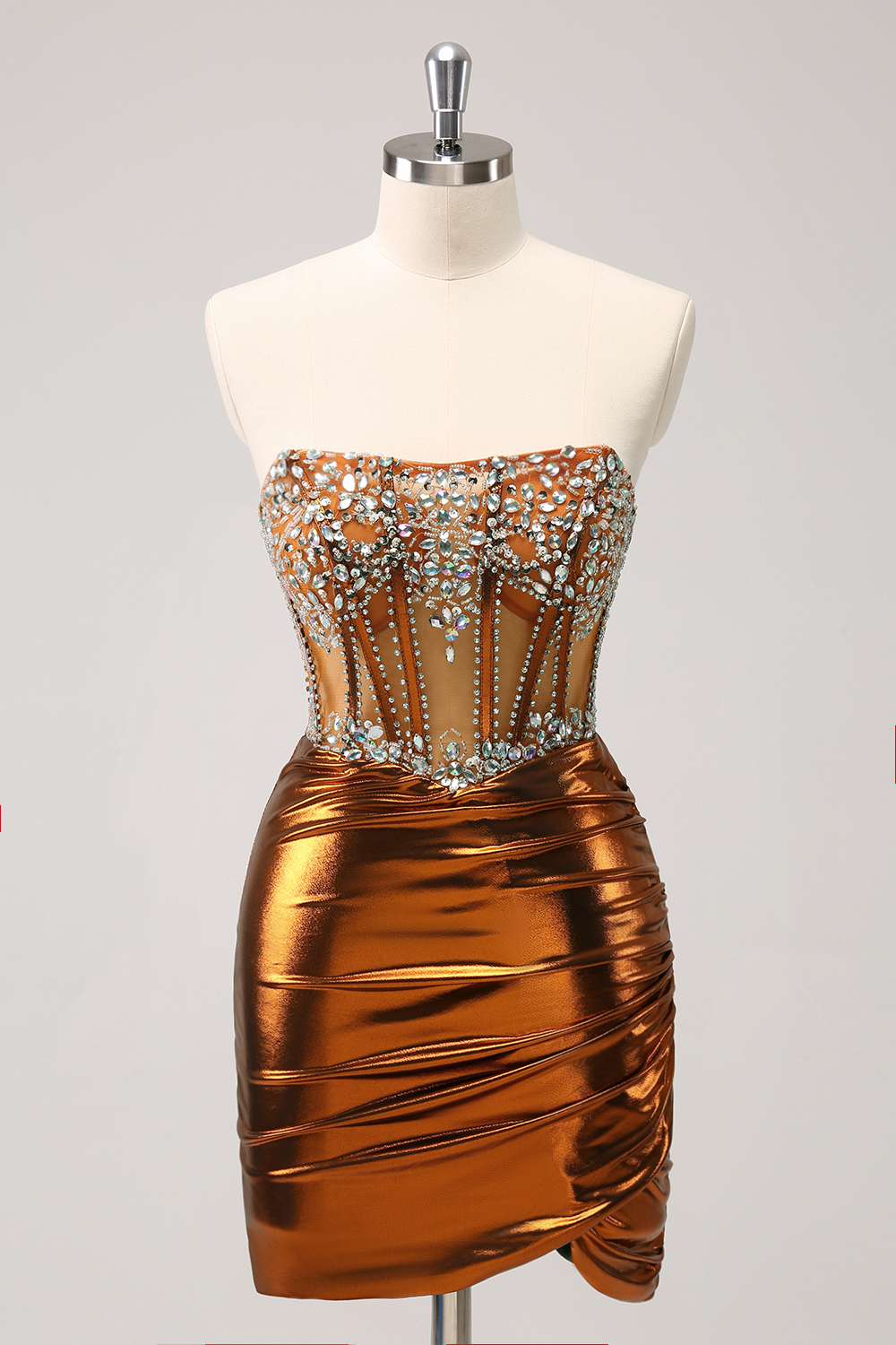 Metallic Copper Strapless Ruched Bodycon Short Corset Homecoming Dress with Beading