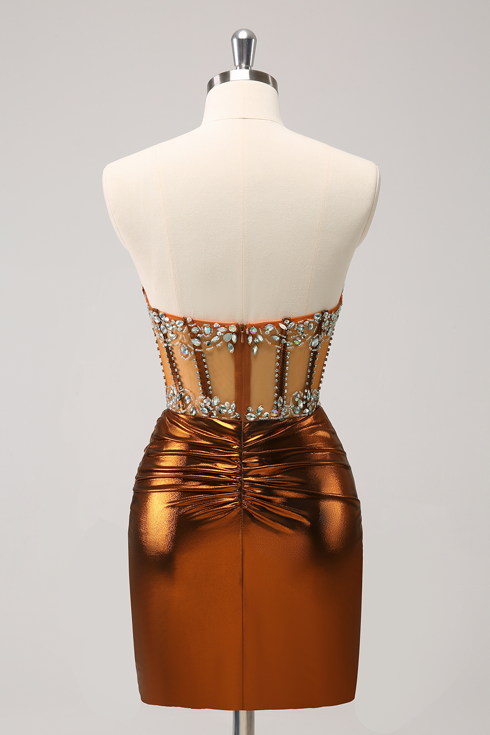 Metallic Copper Strapless Ruched Bodycon Short Corset Homecoming Dress with Beading