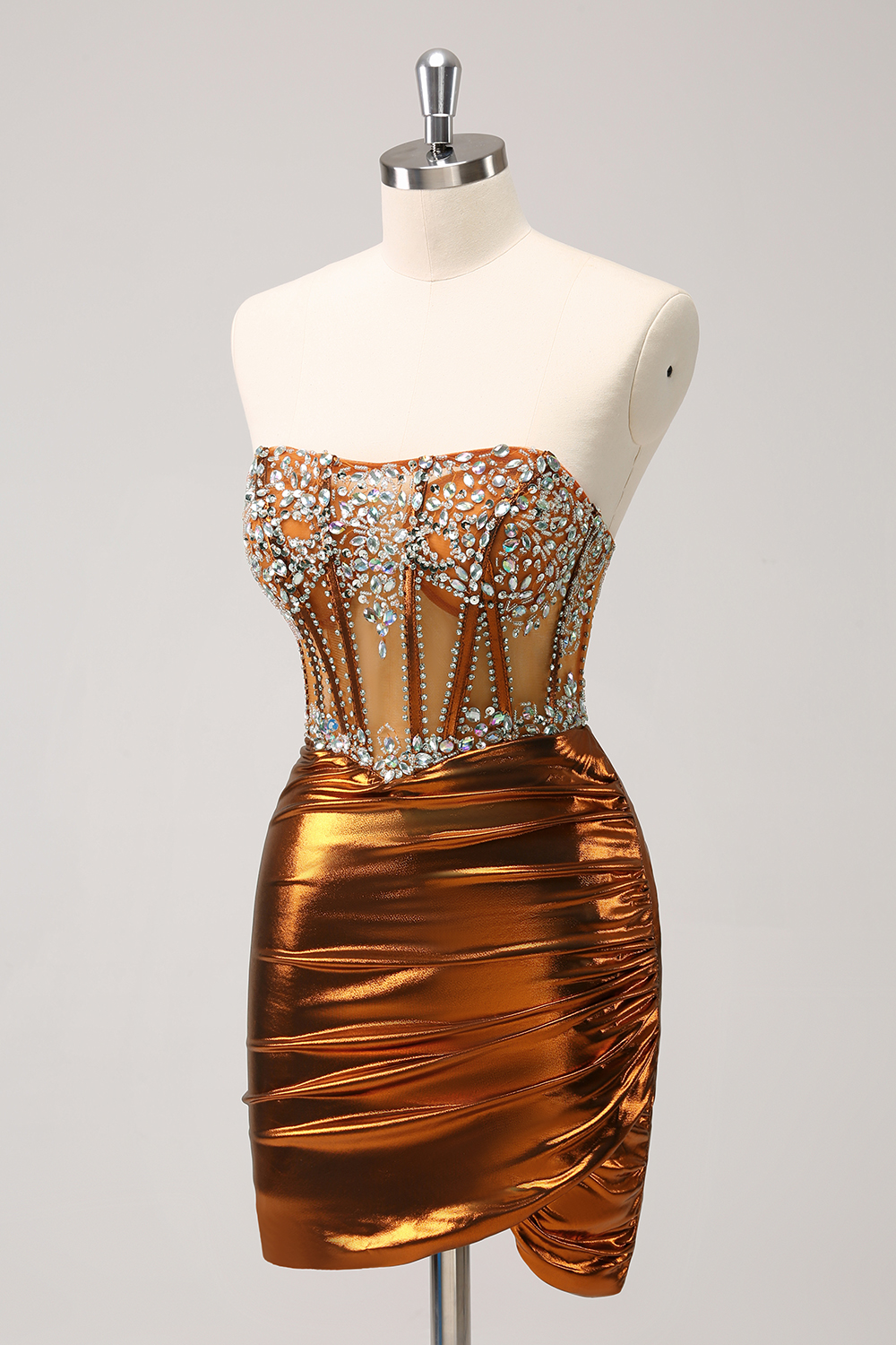 Metallic Copper Strapless Ruched Bodycon Short Corset Homecoming Dress with Beading