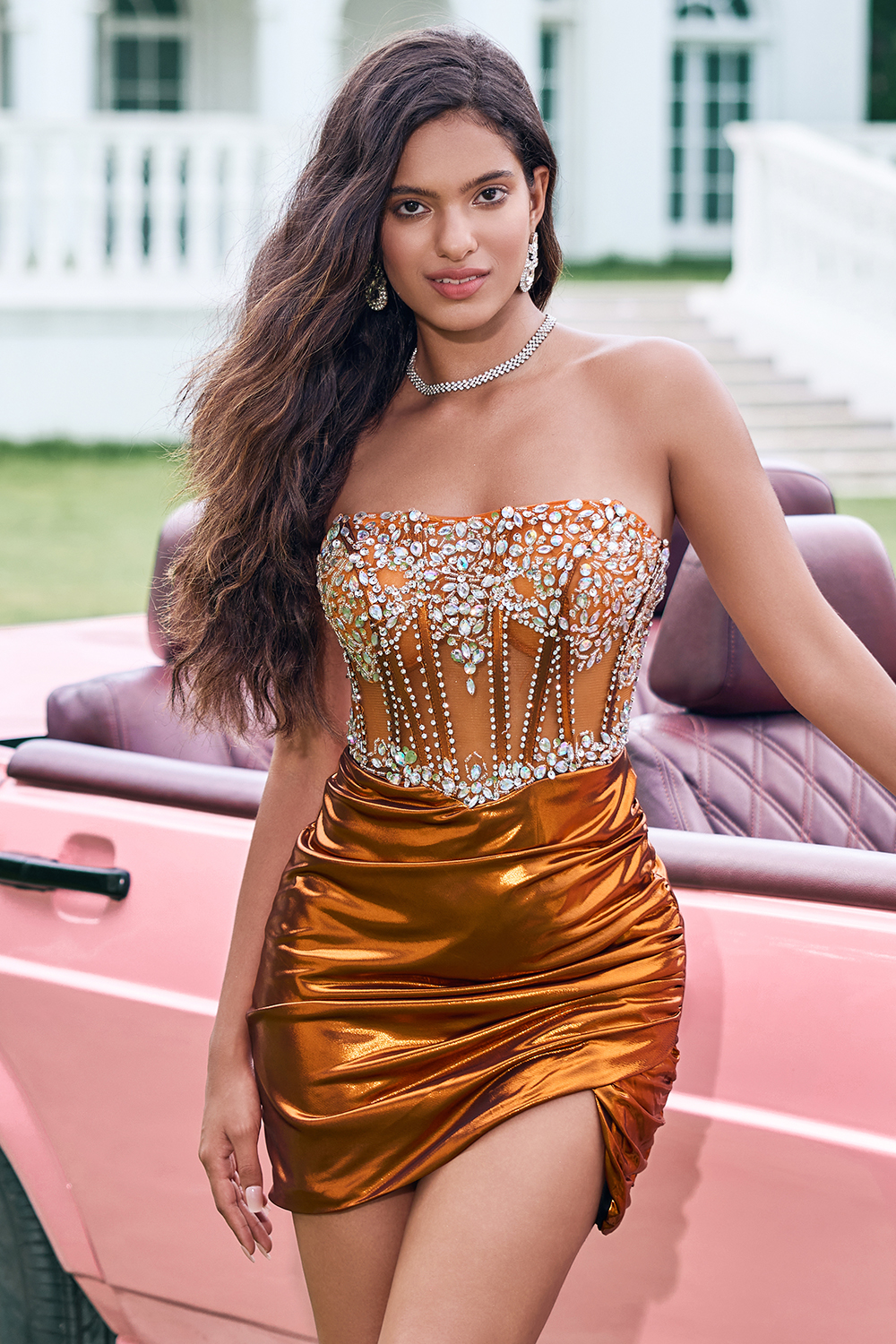 Sparkly Metallic Copper Strapless Ruched Bodycon Short Corset Homecoming Dress with Beading