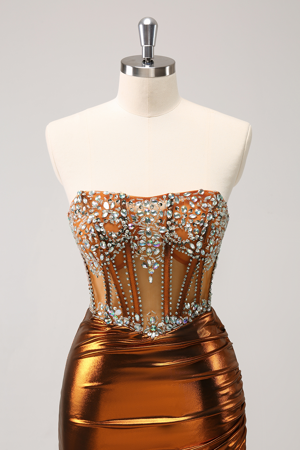Metallic Copper Strapless Ruched Bodycon Short Corset Homecoming Dress with Beading