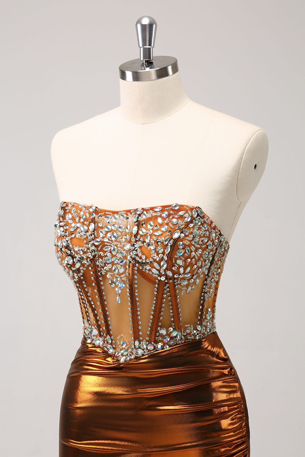 Metallic Copper Strapless Ruched Bodycon Short Corset Homecoming Dress with Beading