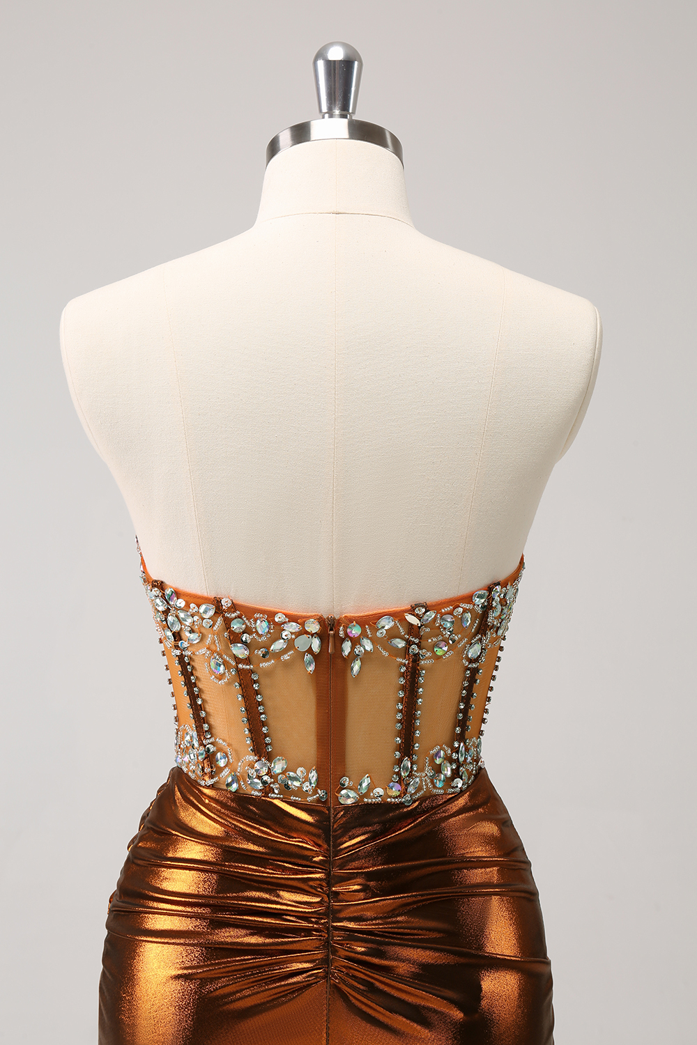 Metallic Copper Strapless Ruched Bodycon Short Corset Homecoming Dress with Beading