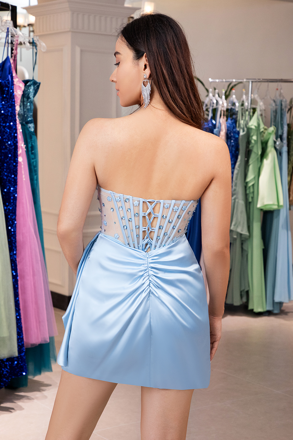 Glitter Blue Sweetheart Satin Sheath Short Homecoming Dress with Beading
