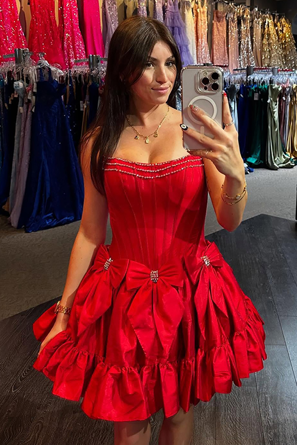 Cute Red Satin A Line Strapless Short Corset Homecoming Dress