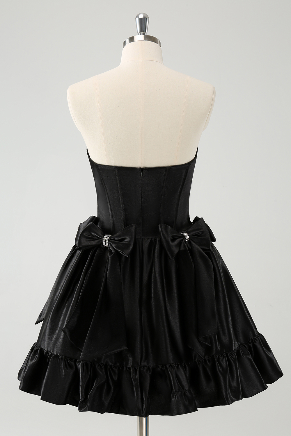 Trendy Black Strapless A-Line Satin Short Homecoming Dress with Bow