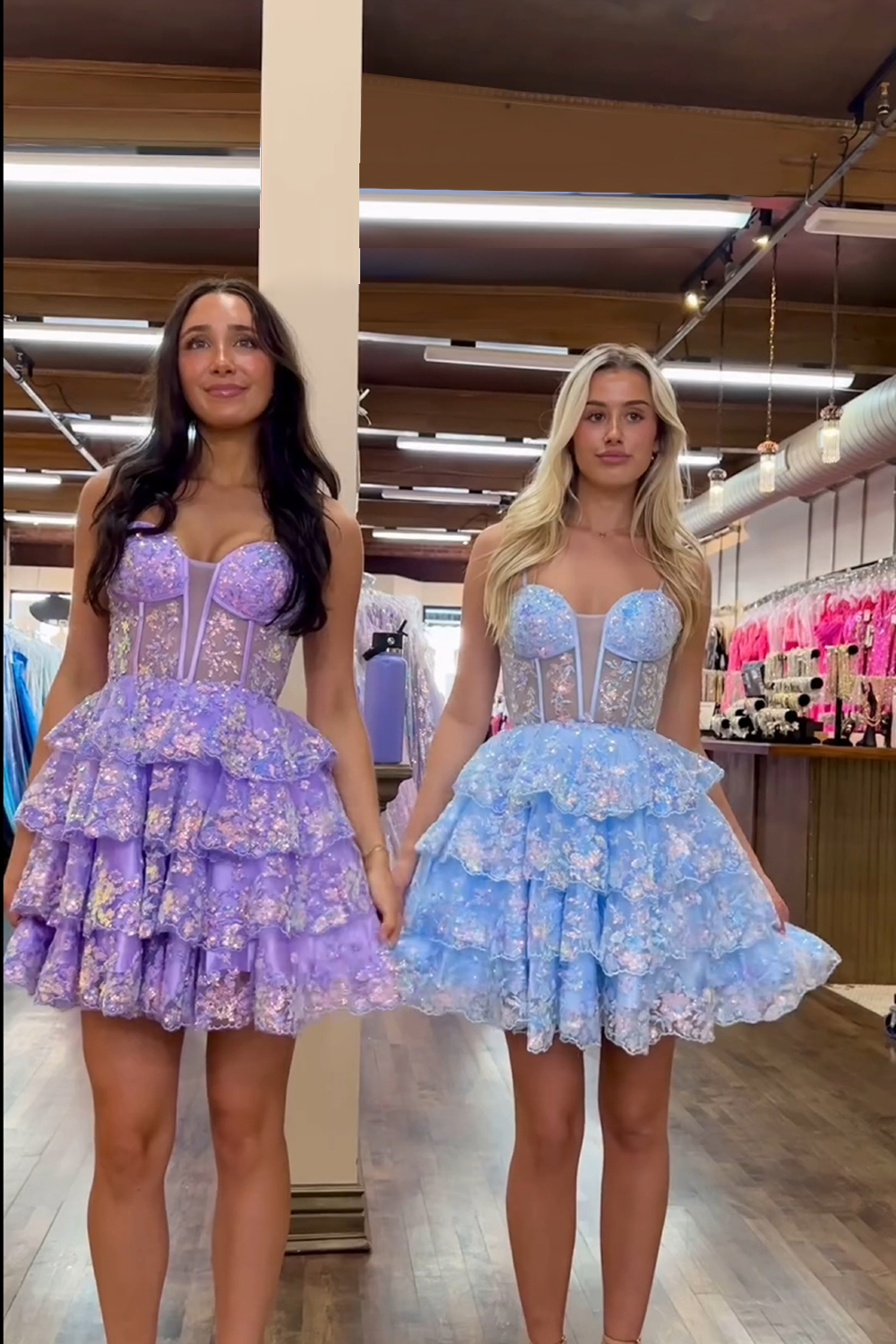 Blue Spaghetti Straps A-Line Sequins Tulle Tiered Homecoming Dress