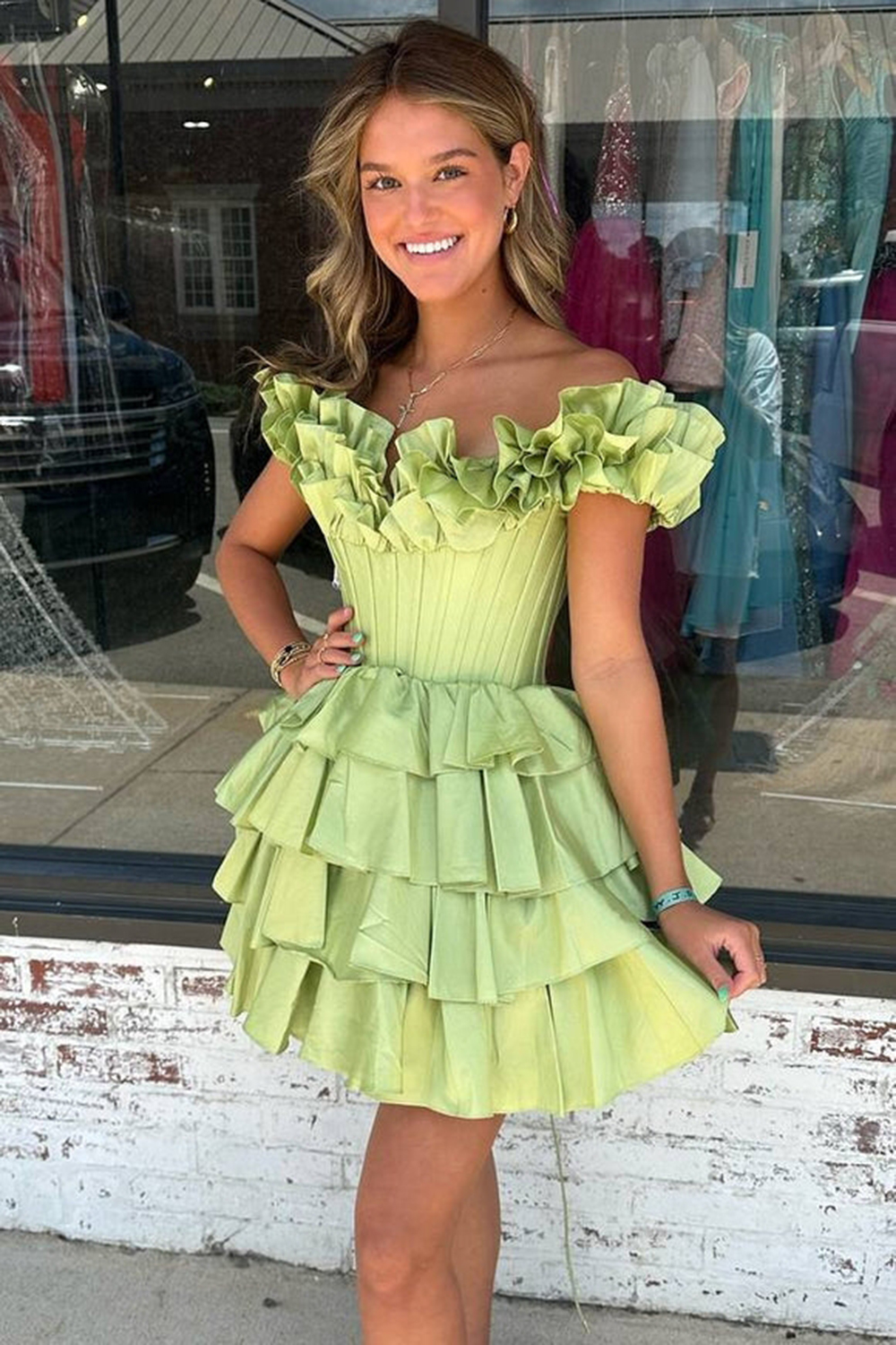 Yellow Off the Shoulder A-Line Short Corset Homecoming Dress with Ruffles