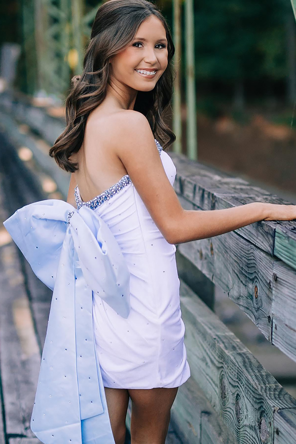 Fuchsia Strapless Beaded Bodycon Short Homecoming Dress with Bow