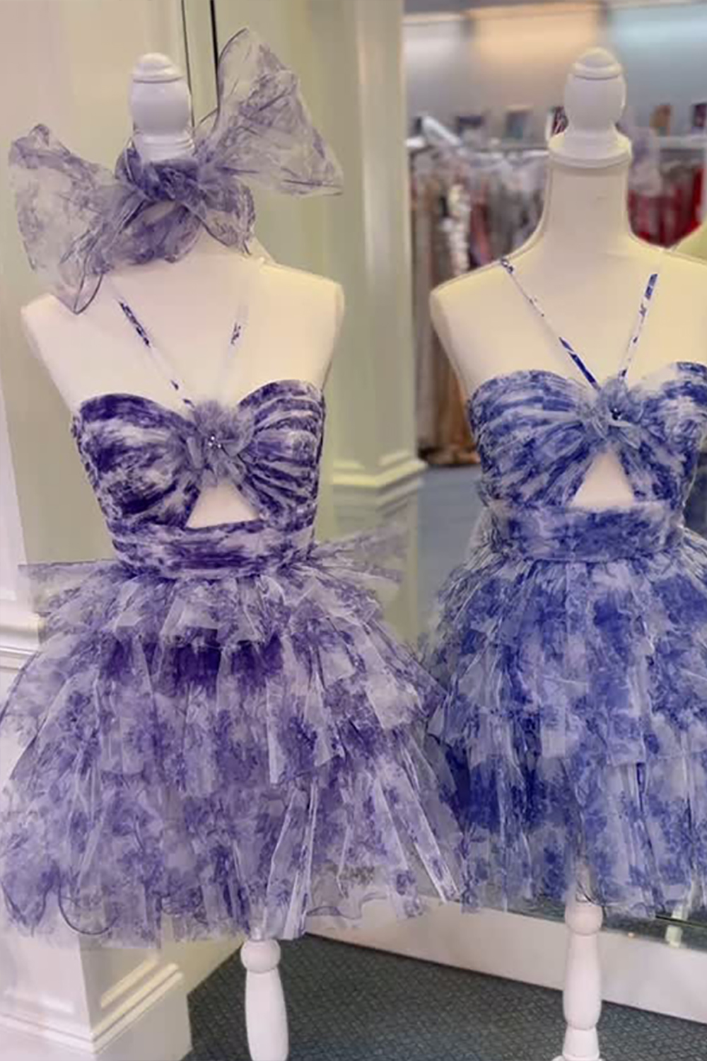 Floral Blue A Line Halter Tiered Short Keyhole Homecoming Dress
