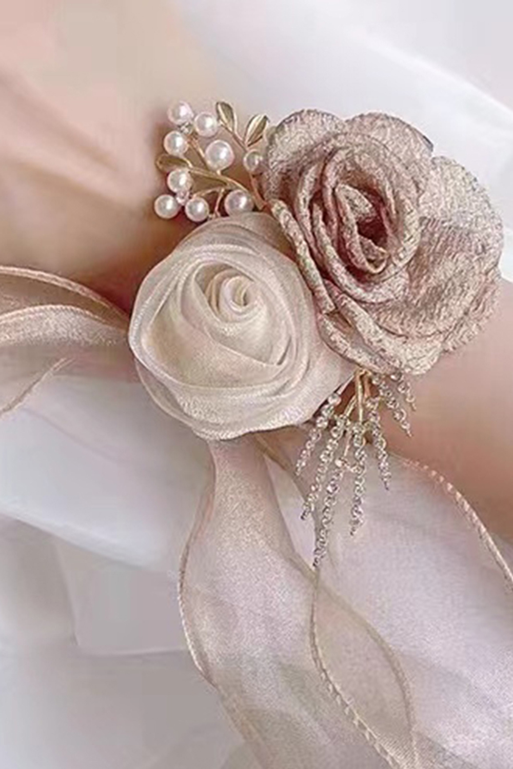 Champagne Flower Wrist Corsage Wristlet Band for Homecoming Prom Wedding 