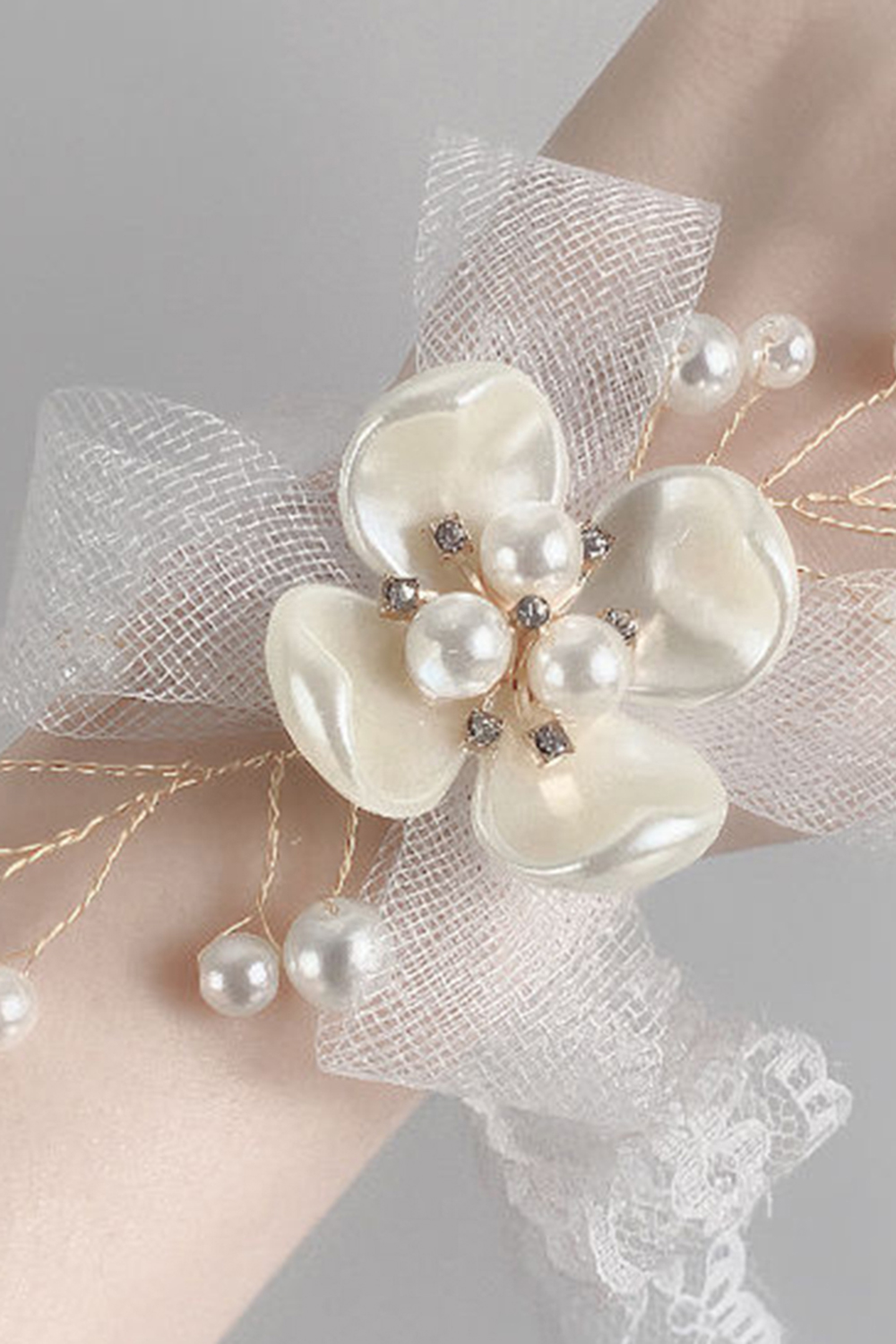 White Beaded Wrist Corsage Lace Wristlet Band for Homecoming Prom Wedding 
