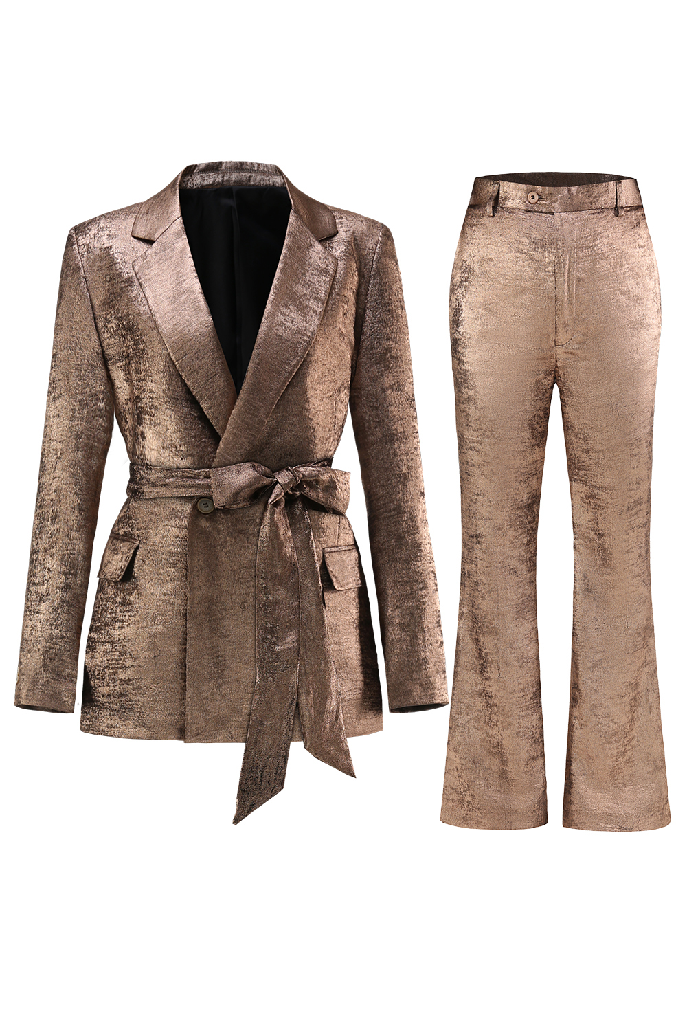 Golden Metallic Notched Lapel Double Breasted 2 Pieces Women Suits with Belt