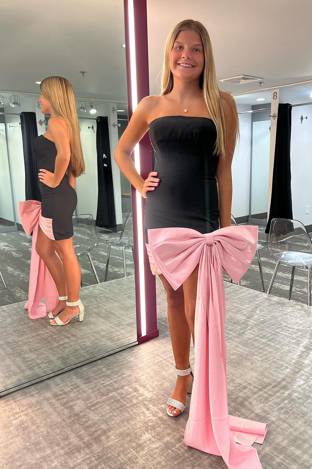 Black Strapless Bodycon Short Homecoming Dress with Pink Bow