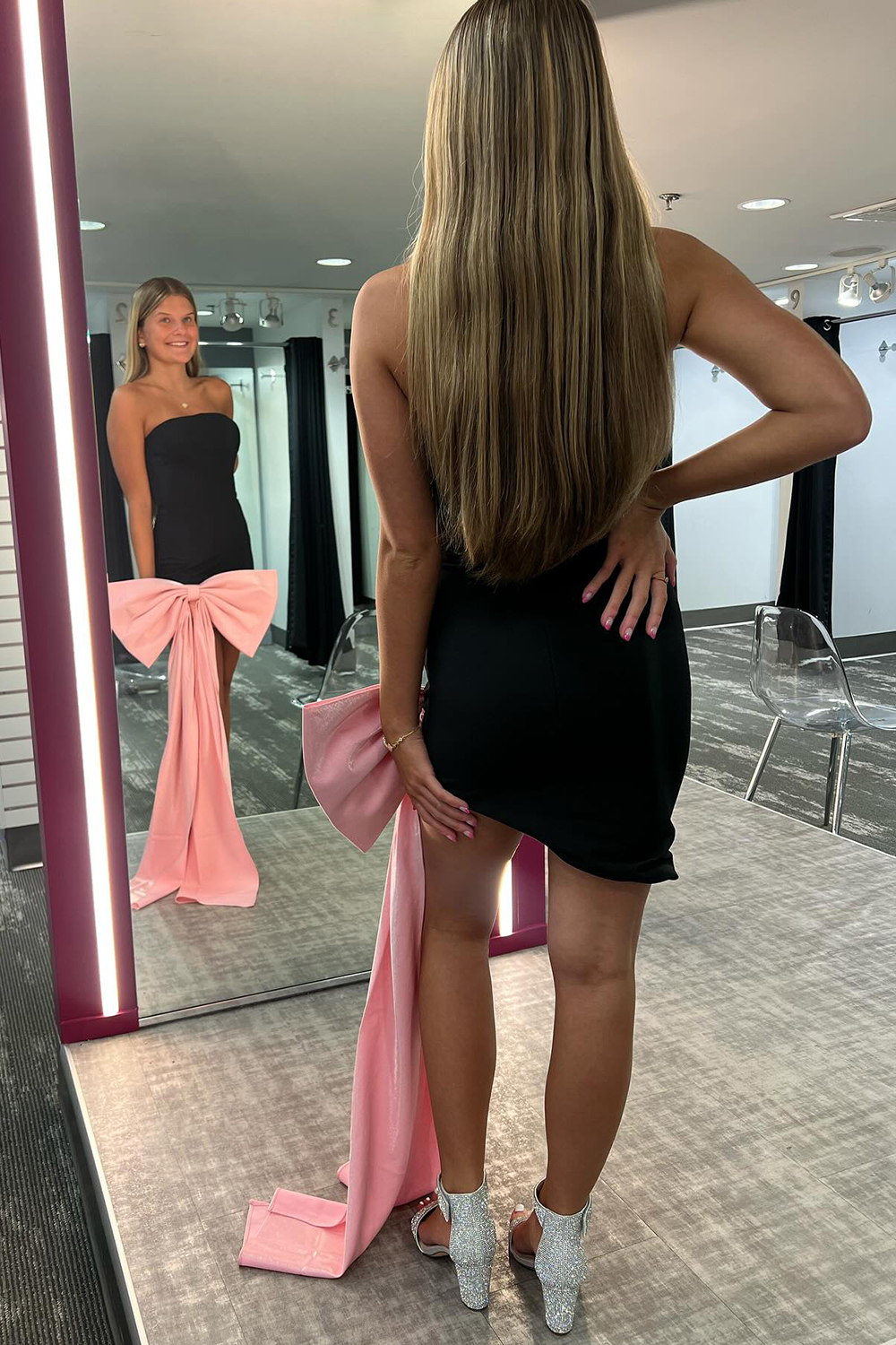 Black Strapless Bodycon Short Homecoming Dress with Pink Bow
