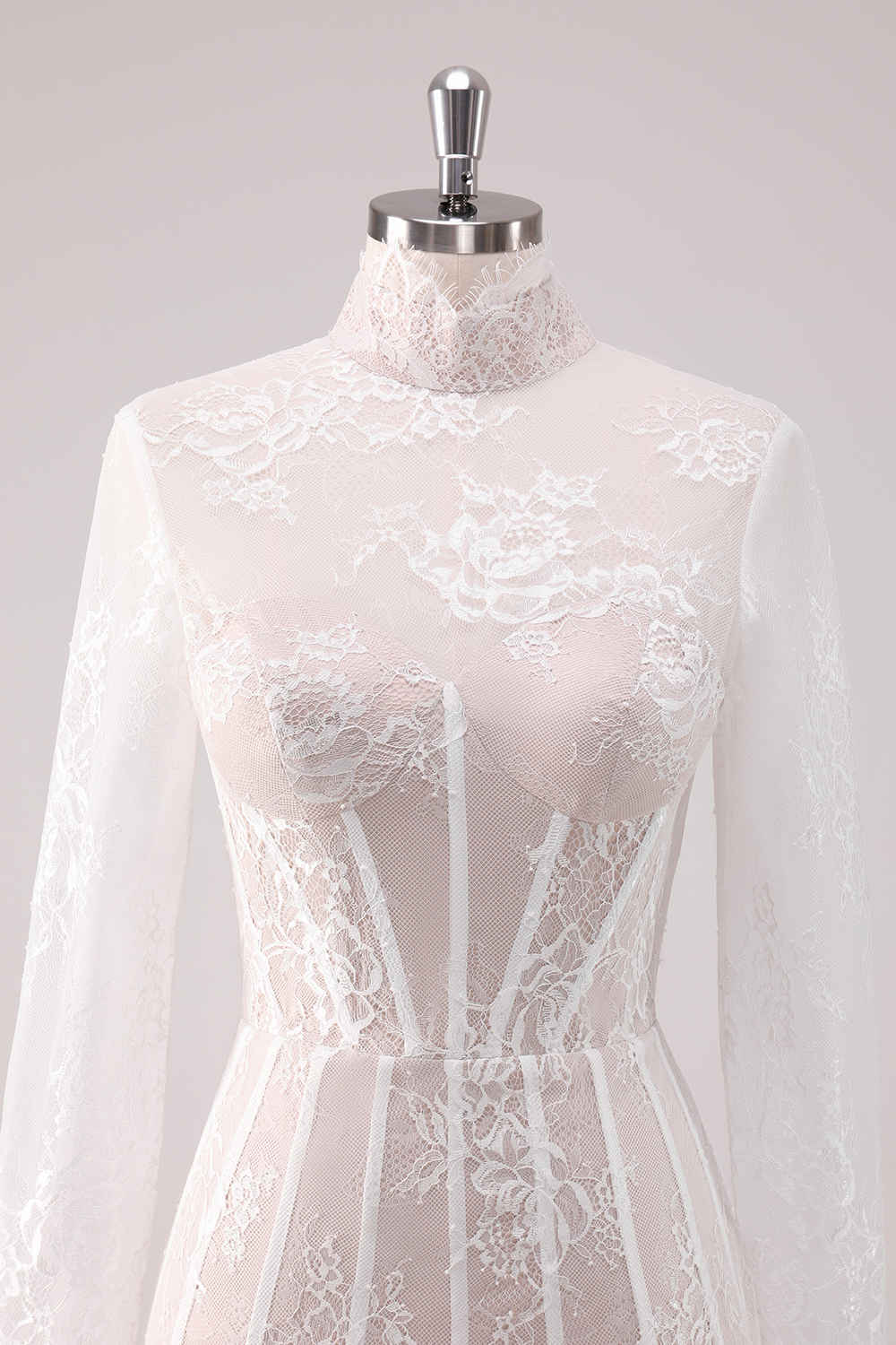 Elegant White Lace High Neck Long Sleeves Short Homecoming Dress 