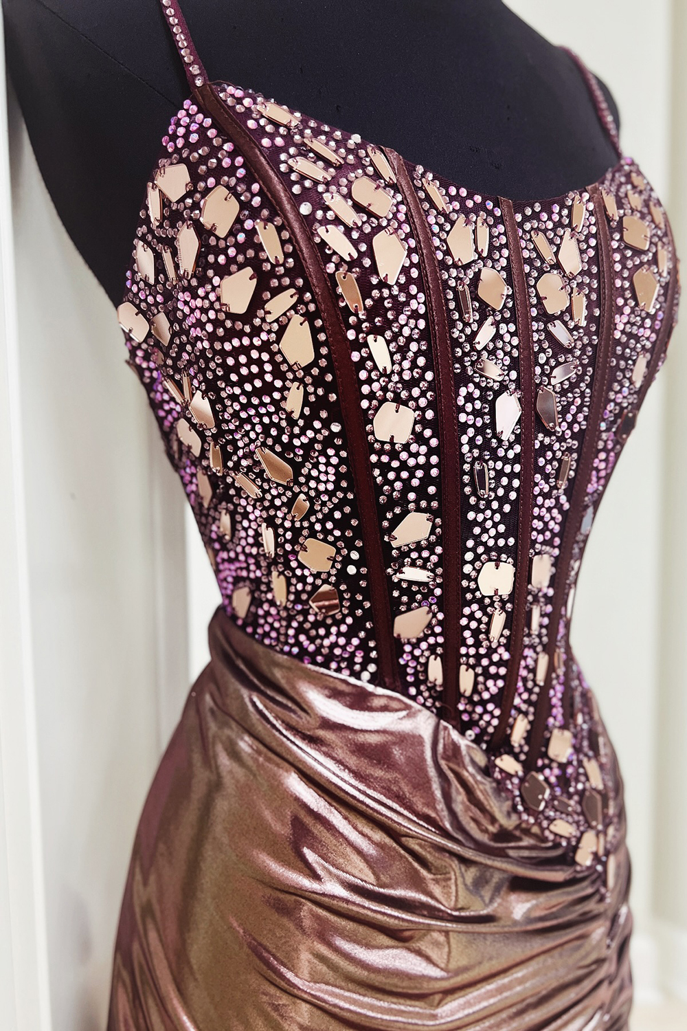 Rose Gold Metallic Spaghetti Straps Ruched Bodycon Short Homecoming Dress with Beading