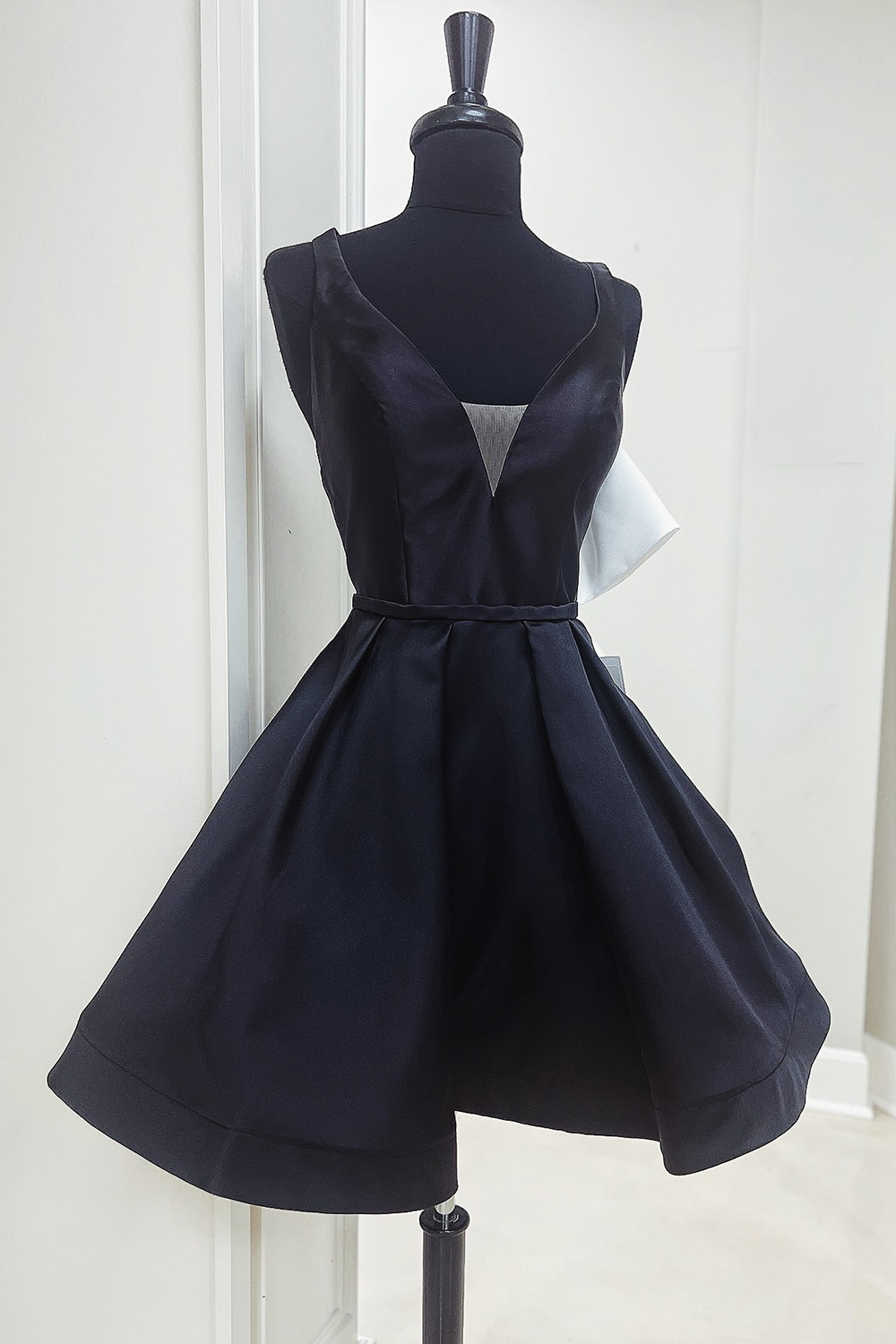Black V Neck A-Line Satin Short Homecoming Dress with White Bow