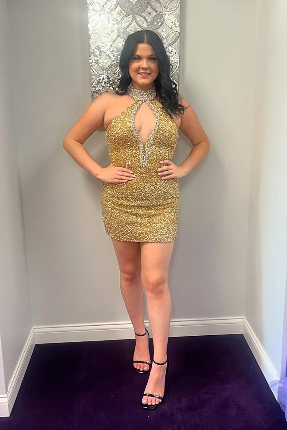 Glitter Royal Blue Halter Neck Sequins Bodycon Short Homecoming Dress