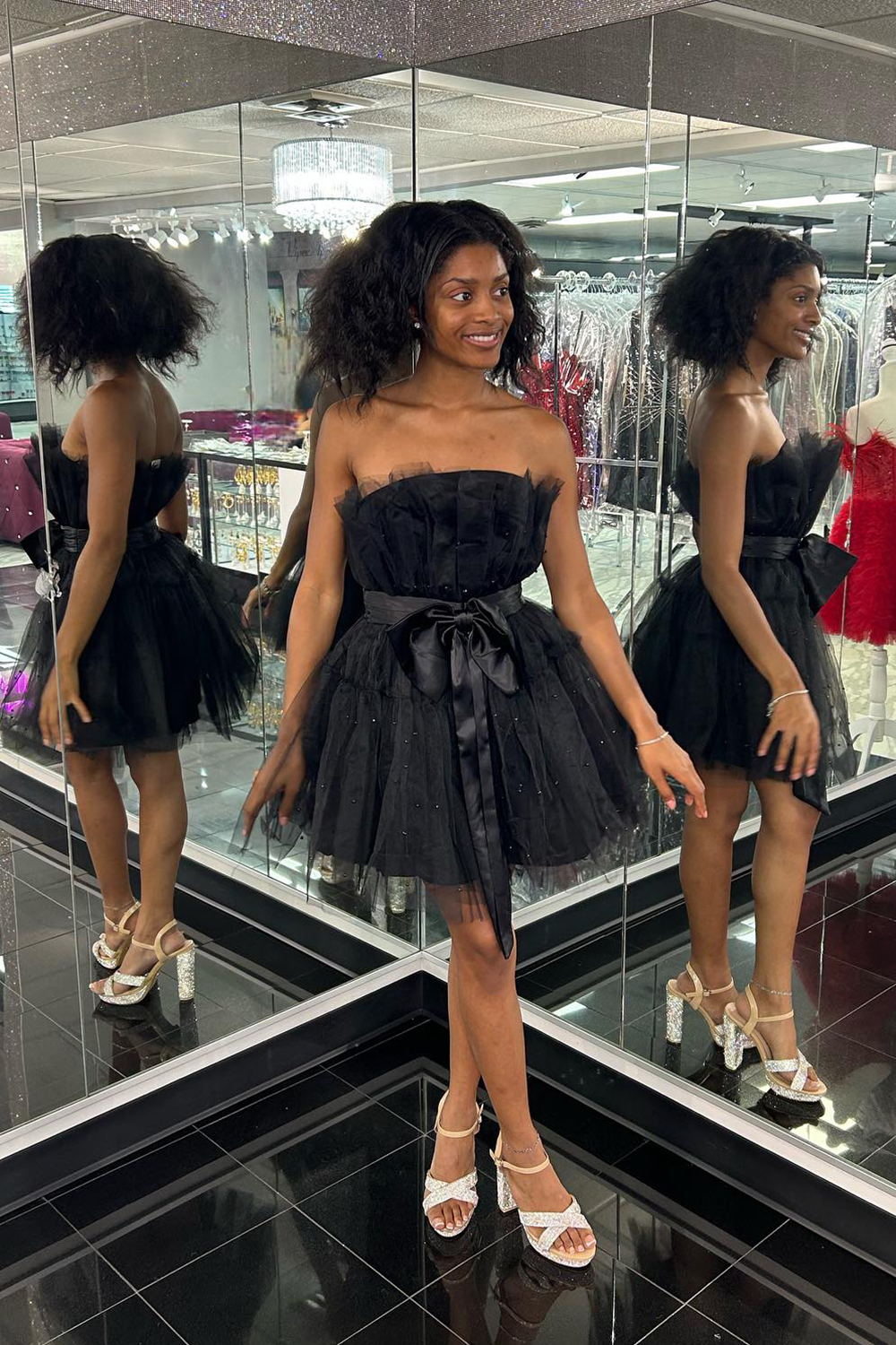 Black Strapless Tulle A-Line Short Corset Homecoming Dress with Bow